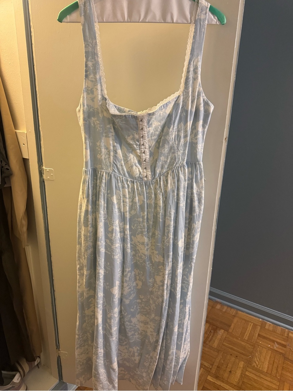 O.P.T. Effie Linen Dress Light Blue Floral Midi Dress with Lace Trim